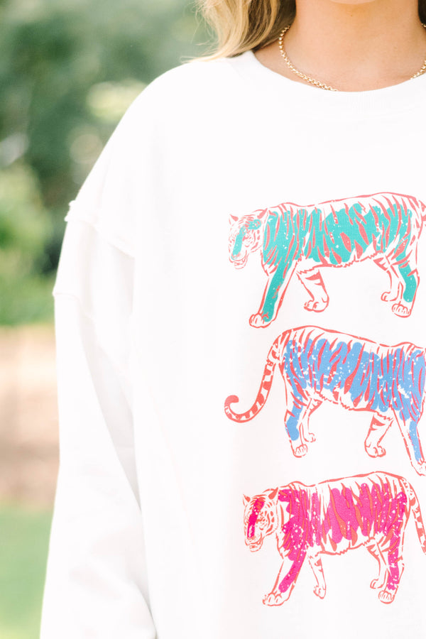 Plus size ivory crew sweatshirt with colorful tiger graphics.