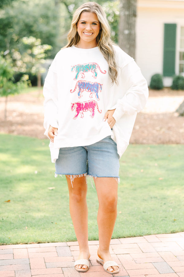 Plus size ivory crew sweatshirt with colorful tiger graphics.