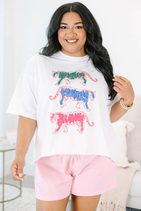 Plus size  white vintage wash tee with three colorful graphic tigers.