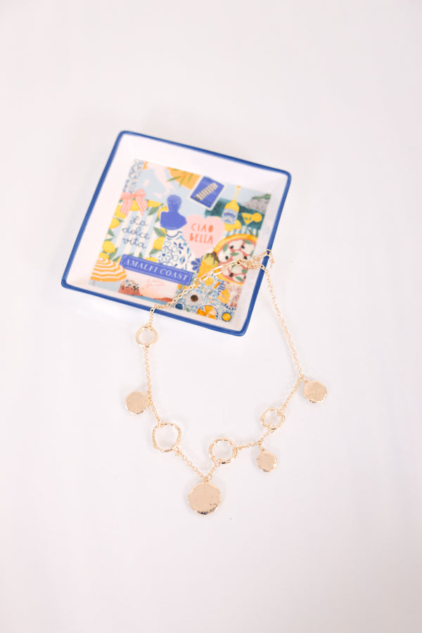 Chic Soul plus size clothing, gold necklace featuring textured circular links and disc charms