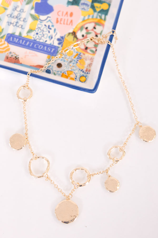 Chic Soul plus size clothing, gold necklace featuring textured circular links and disc charms