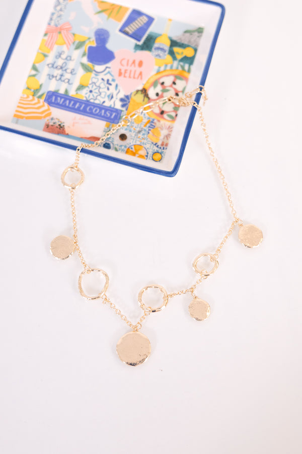 Chic Soul plus size clothing, gold necklace featuring textured circular links and disc charms