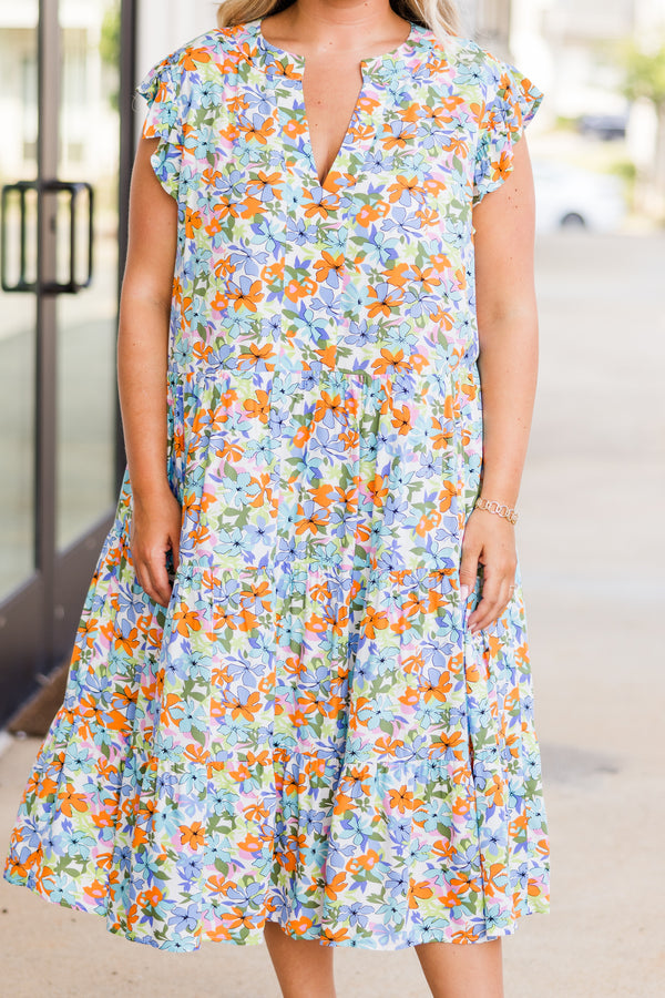 Chic Soul plus size clothing, sleeveless purple baby doll midi dress with v-neckline and purple and orange floral pattern 