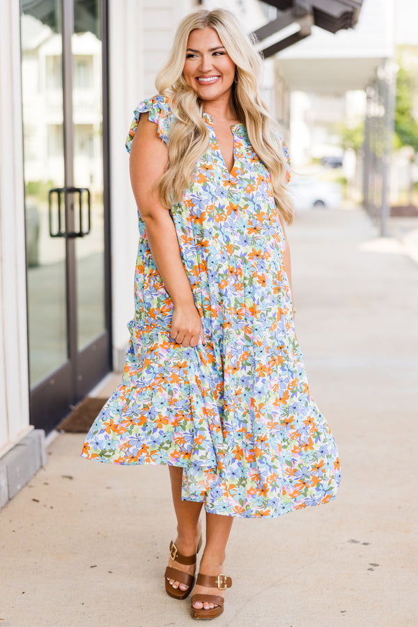 Chic Soul plus size clothing, sleeveless purple baby doll midi dress with v-neckline and purple and orange floral pattern 