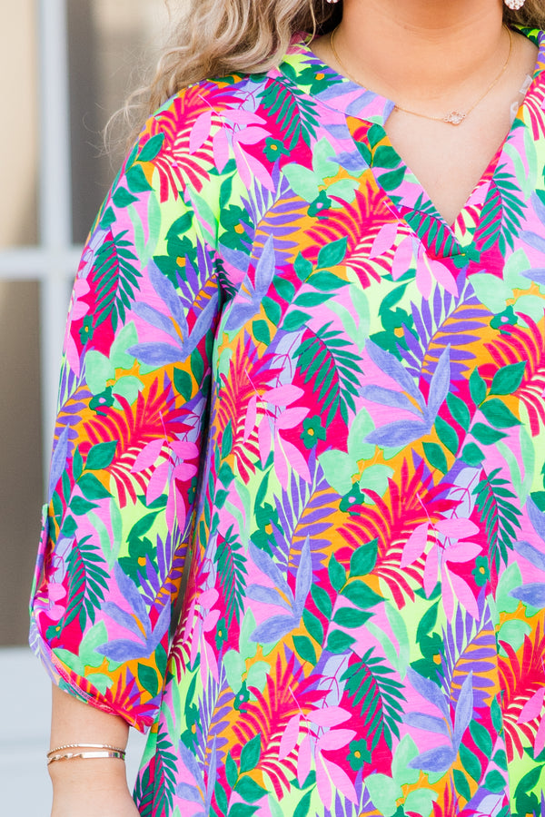Chic Soul plus size clothing, multi tropical print three quarter length sleeve top with v neckline