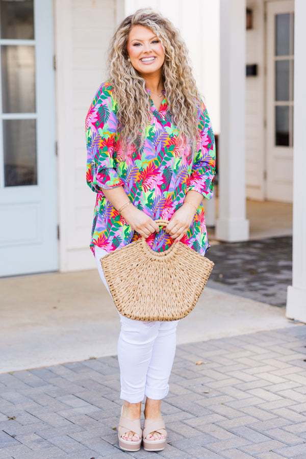 Chic Soul plus size clothing, multi tropical print three quarter length sleeve top with v neckline