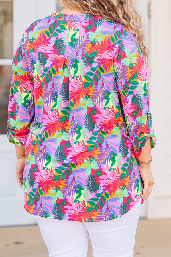 Chic Soul plus size clothing, multi tropical print three quarter length sleeve top with v neckline
