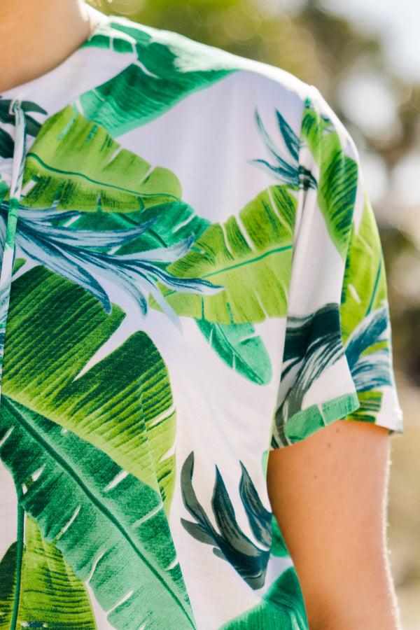 Chic Soul plus size clothing, Short sleeve white casual top with a leaf pattern and s light v-neck with a draw-string detail
