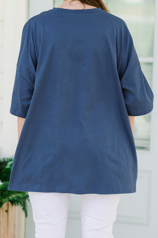 Plus Size navy blue oversized boyfriend tee with white USA text and an American flag graphic.