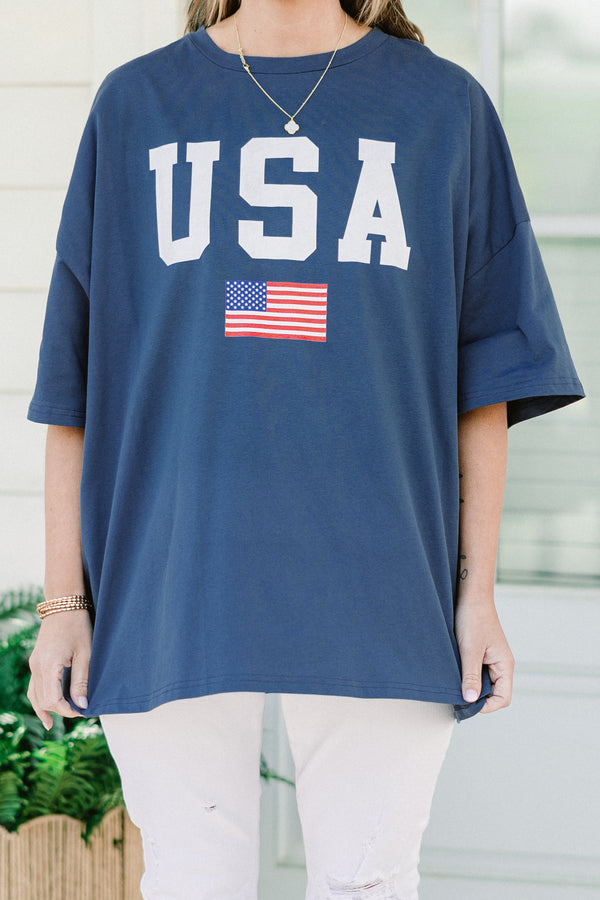 Plus Size navy blue oversized boyfriend tee with white USA text and an American flag graphic.