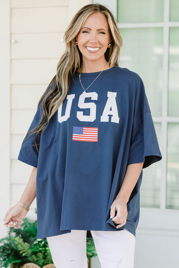 Plus Size navy blue oversized boyfriend tee with white USA text and an American flag graphic.