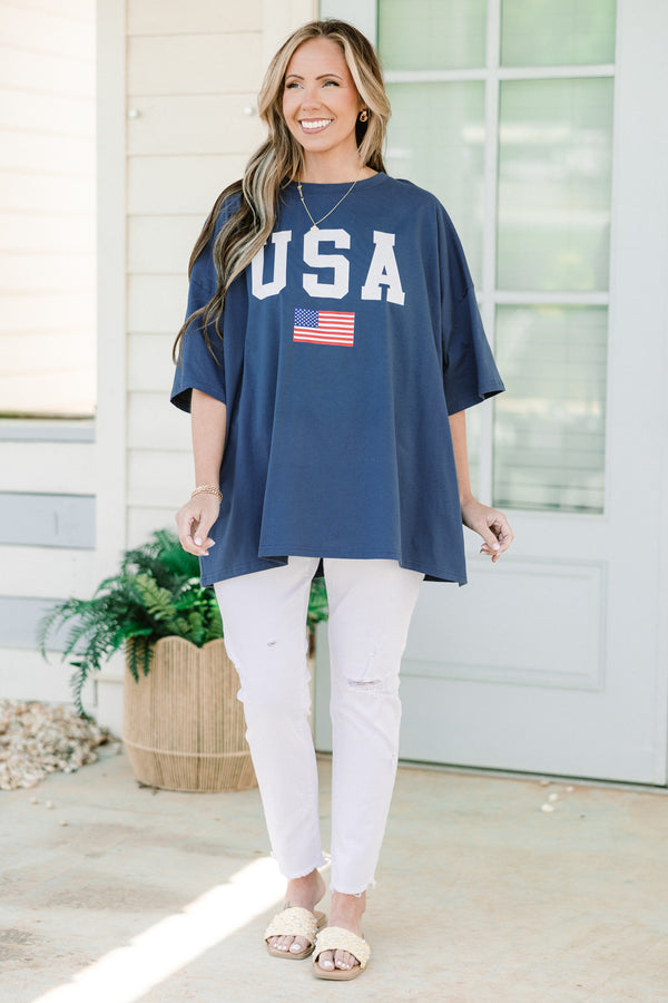 Plus Size navy blue oversized boyfriend tee with white USA text and an American flag graphic.