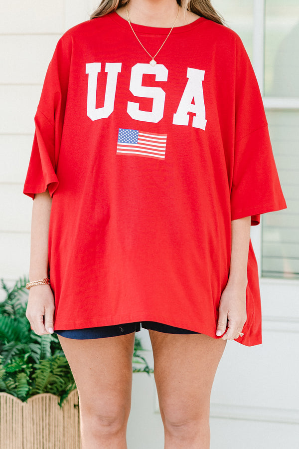 Plus Size oversized red boyfriend tee with white USA lettering and an American flag graphic.