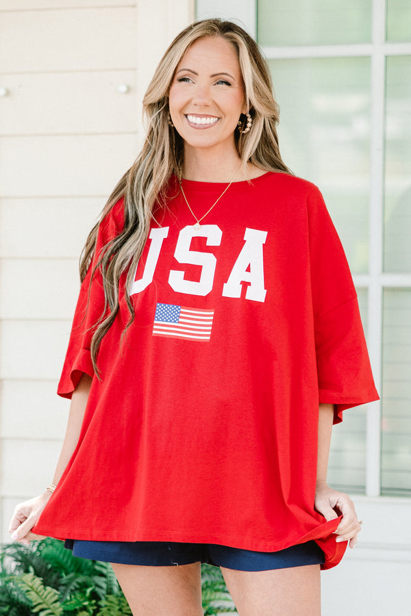Plus Size oversized red boyfriend tee with white USA lettering and an American flag graphic.