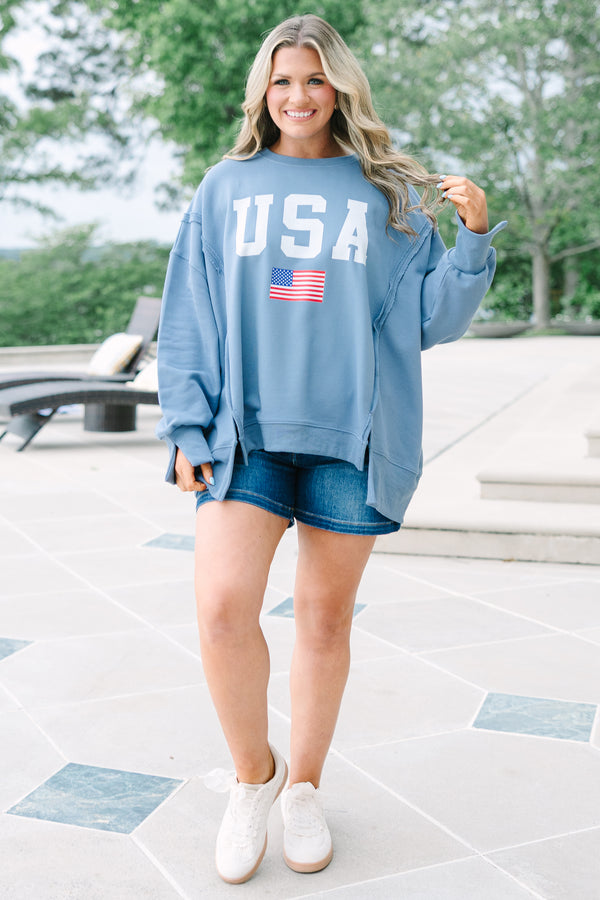 Chic Soul plus size clothing, denim colored oversized comfy crew neck sweatshirt
