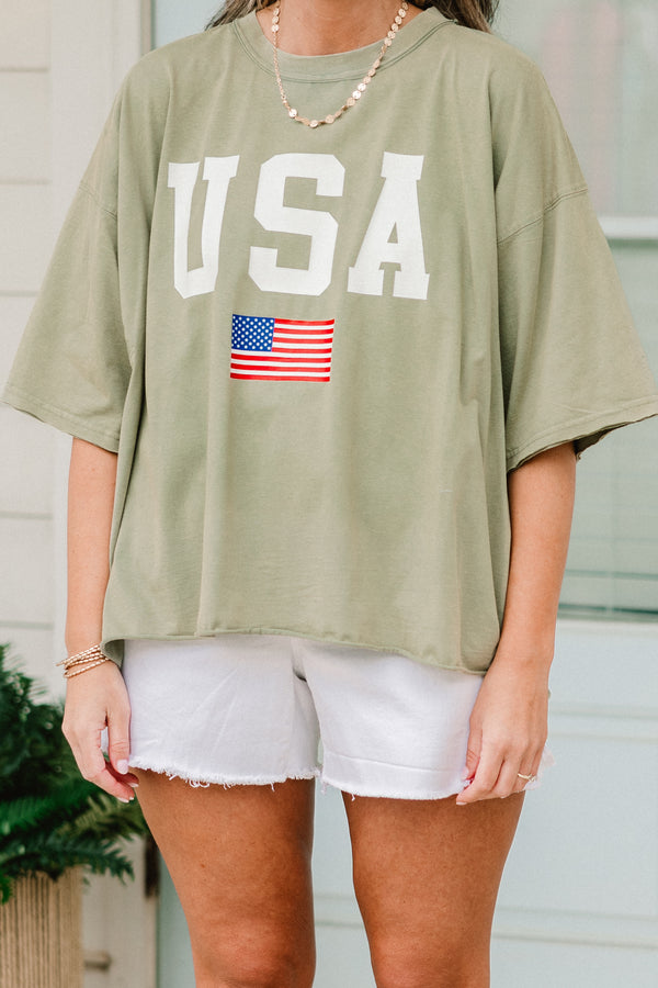 Chic soul plus size clothing, army green short sleeve graphic tee with the words 