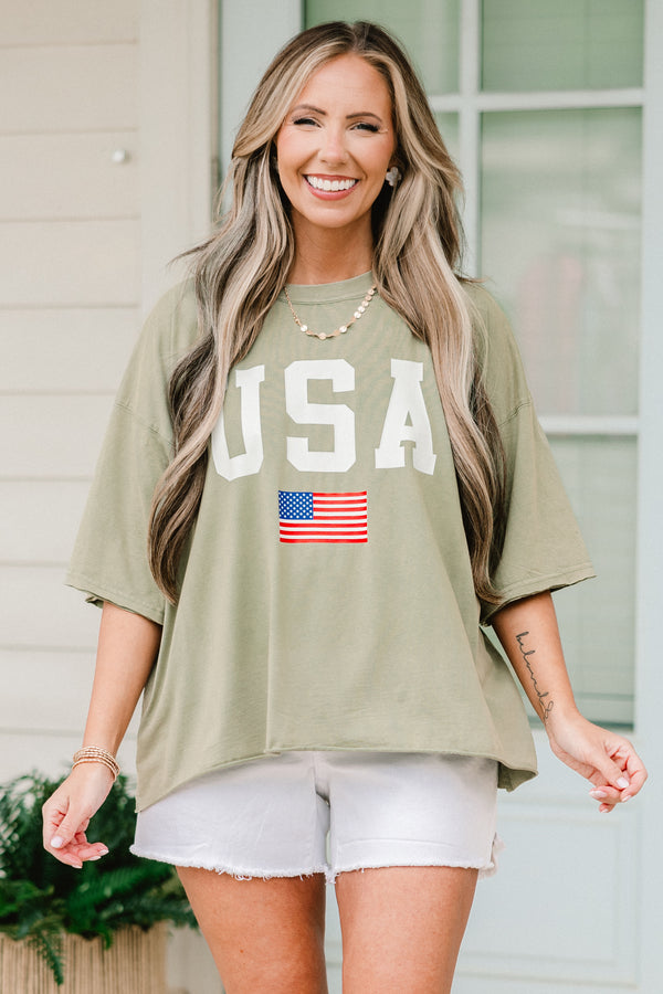 Chic soul plus size clothing, army green short sleeve graphic tee with the words 