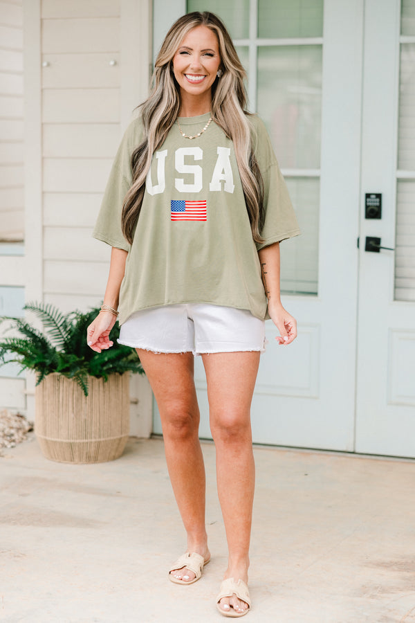 Chic soul plus size clothing, army green short sleeve graphic tee with the words 