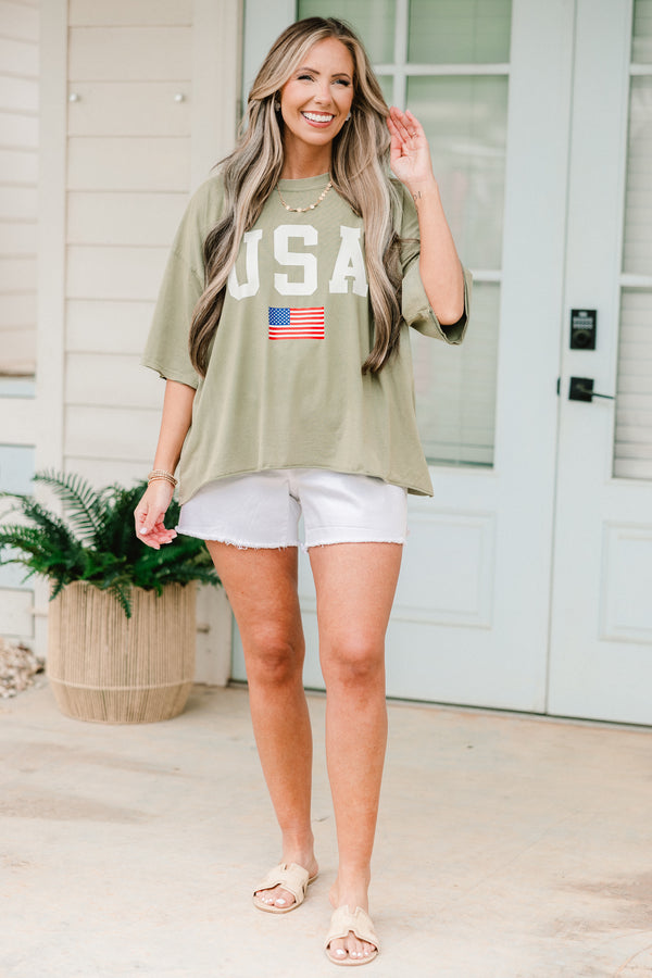 Chic soul plus size clothing, army green short sleeve graphic tee with the words 