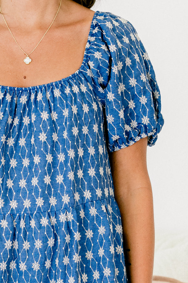 Chic Soul plus size clothing, blue short-bubble sleeve square neckline tiered mini dress with dainty white embroidered diamond flower pattern