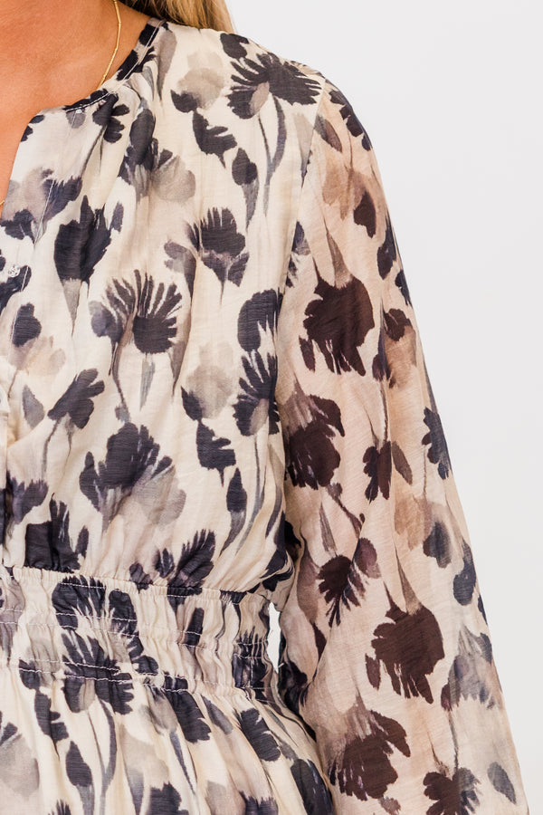 Chic Soul plus size clothing, black long sleeve mini dress with tiered detail with synch waist with cuff sleeves and v neckline with floral print
