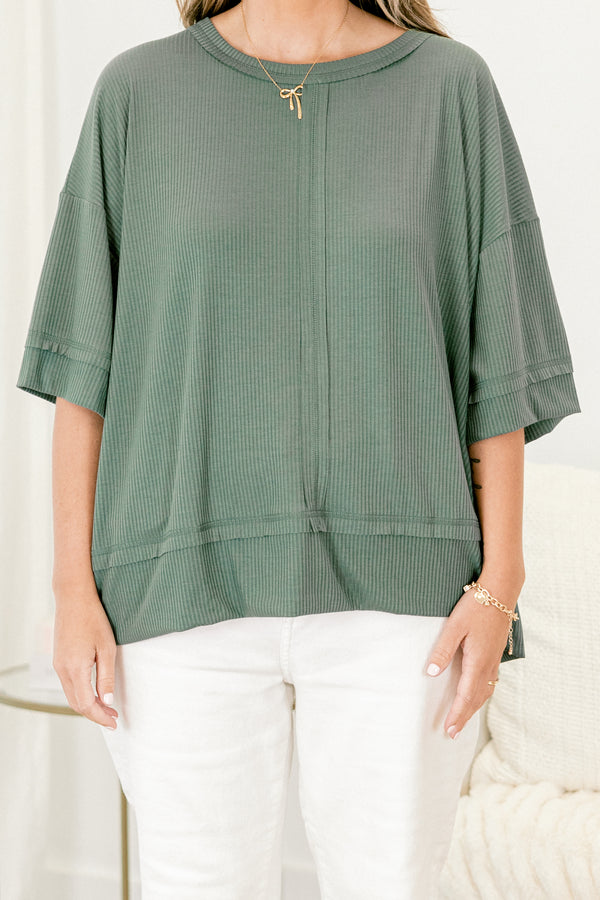 Chic Soul plus size clothing, ash jade green half sleeve basic top with seam down middle and vertical line texture