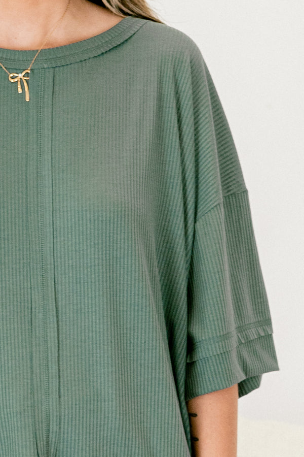 Chic Soul plus size clothing, ash jade green half sleeve basic top with seam down middle and vertical line texture