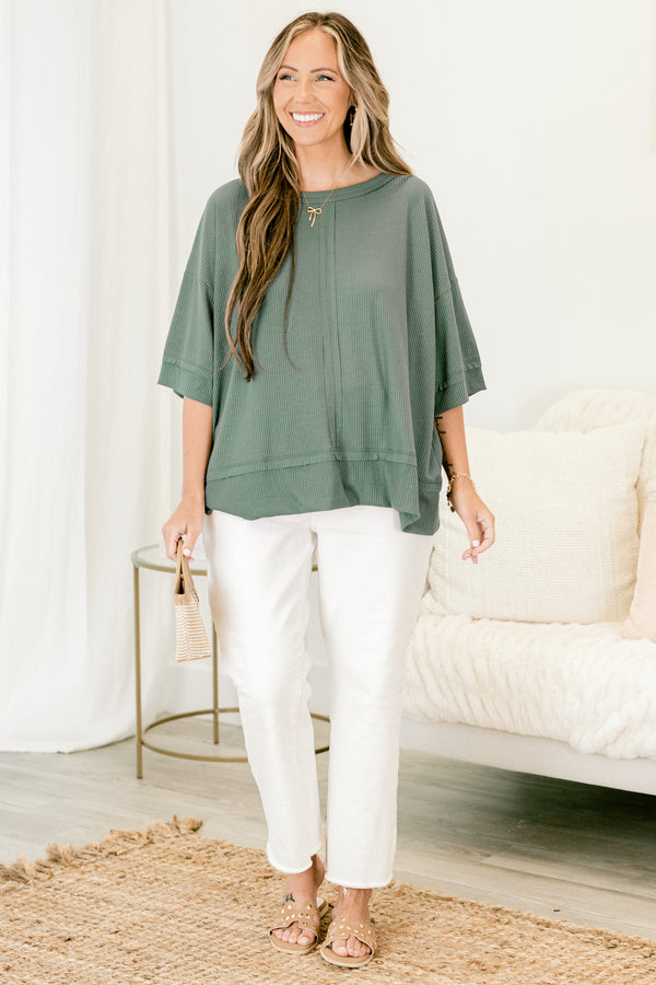Chic Soul plus size clothing, ash jade green half sleeve basic top with seam down middle and vertical line texture