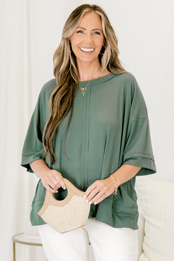 Chic Soul plus size clothing, ash jade green half sleeve basic top with seam down middle and vertical line texture