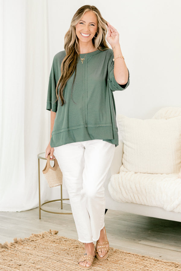 Chic Soul plus size clothing, ash jade green half sleeve basic top with seam down middle and vertical line texture