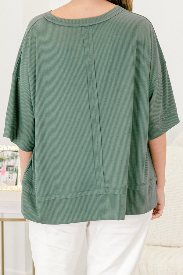 Chic Soul plus size clothing, ash jade green half sleeve basic top with seam down middle and vertical line texture