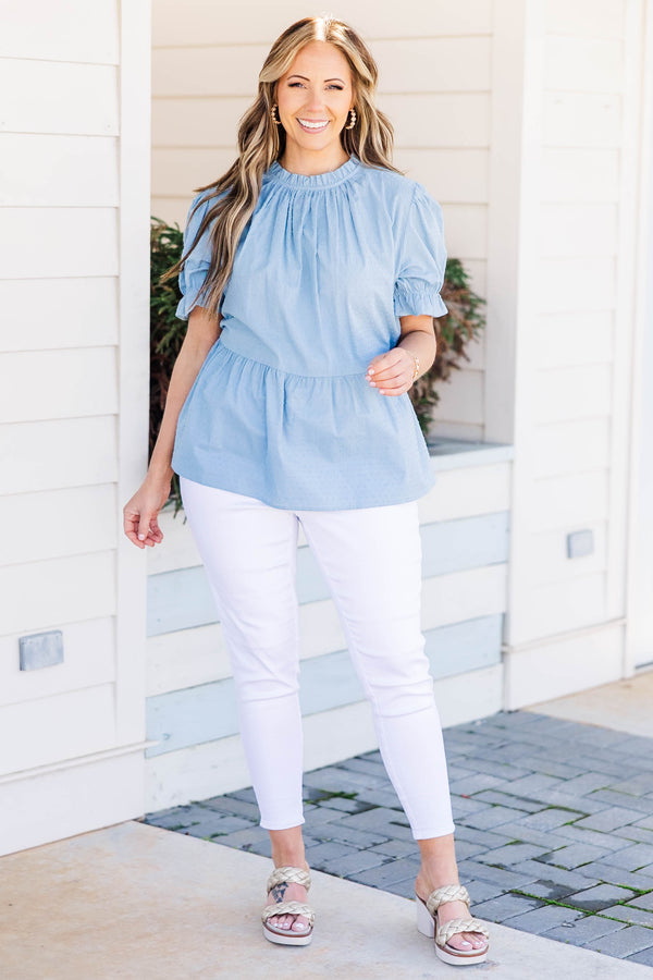 Chic Soul plus size clothing, blue short sleeve top with puff sleeves