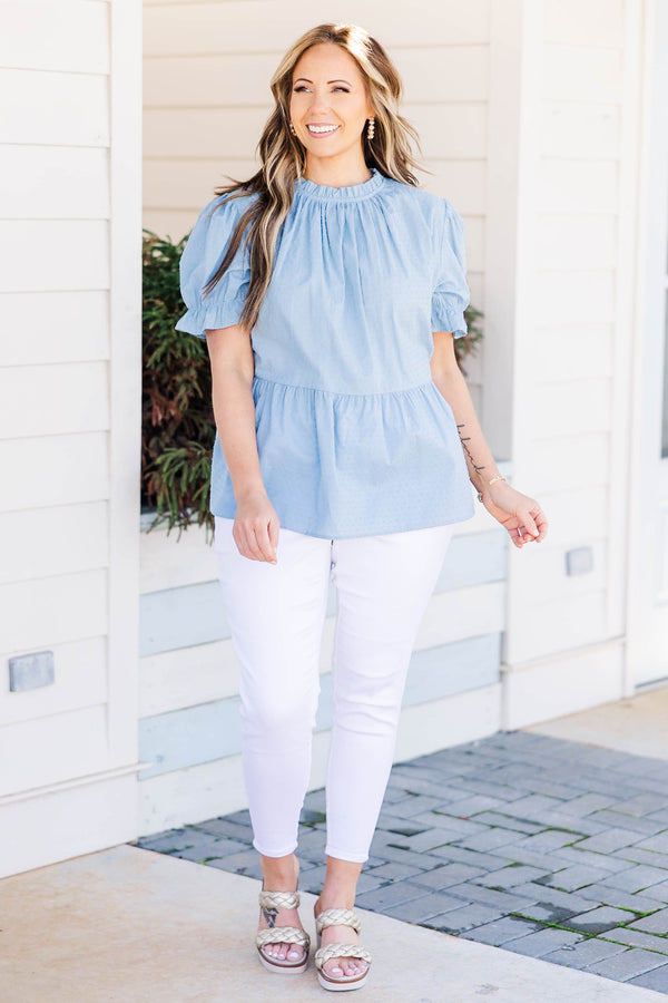 Chic Soul plus size clothing, blue short sleeve top with puff sleeves