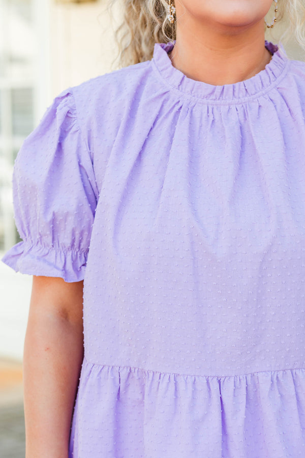 Chic Soul plus size clothing, purple high neckline and swiss dot pattern style top with puff sleeves