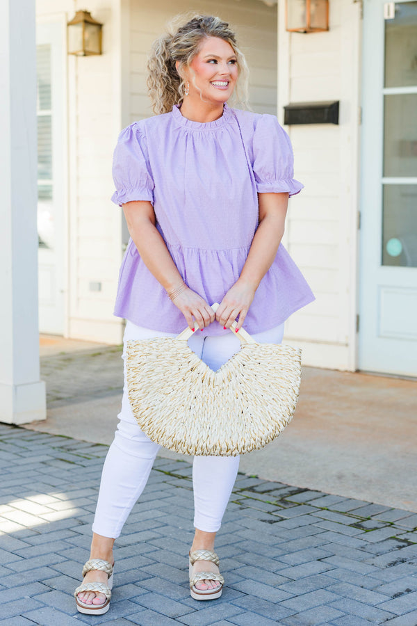 Chic Soul plus size clothing, purple high neckline and swiss dot pattern style top with puff sleeves