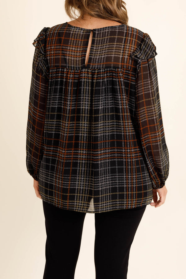 Chic Soul plus size clothing, black long sleeve top with fall colored pattern and ruffles at the shoulders