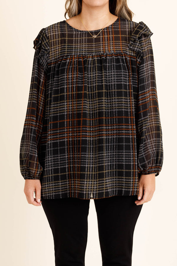 Chic Soul plus size clothing, black long sleeve top with fall colored pattern and ruffles at the shoulders