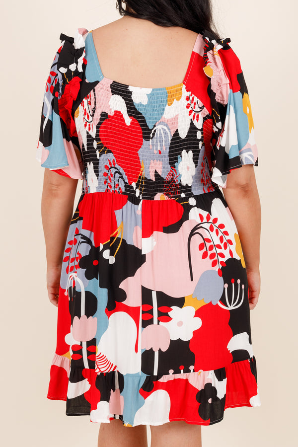 Chic Soul plus size clothing, black and floral short sleeve dress with ruffle on the bottom