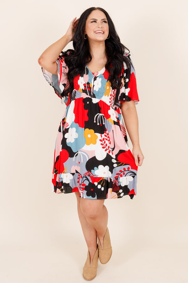 Chic Soul plus size clothing, black and floral short sleeve dress with ruffle on the bottom
