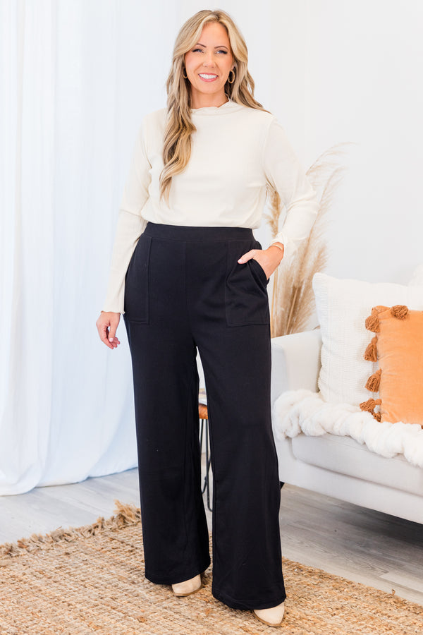 Chic Soul plus size clothing, black long straight leg pants with large pockets on the side with stretchy waistband
