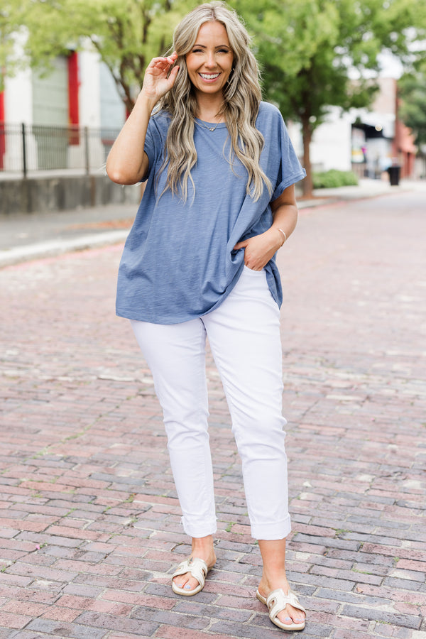 Chic Soul plus size clothing, solid denim colored short sleeve casual top with cuffs at the end of each sleeve 