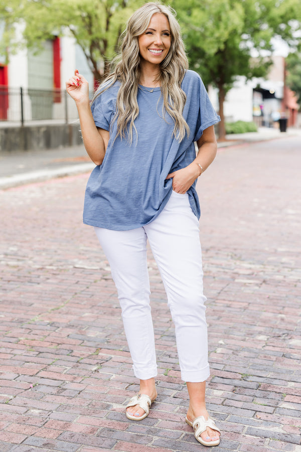 Chic Soul plus size clothing, solid denim colored short sleeve casual top with cuffs at the end of each sleeve 