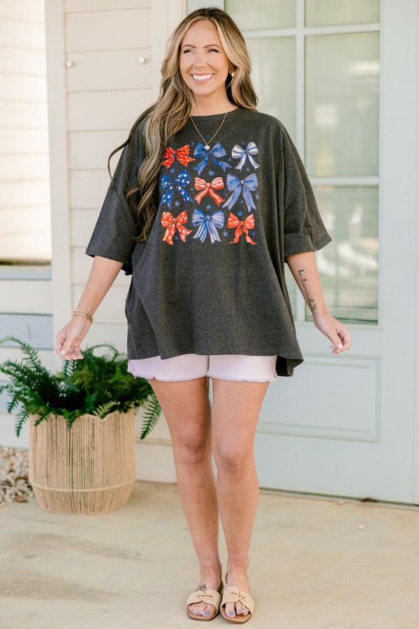 Chic Soul plus size clothing, short-sleeve drop-shoulder charcoal grey boyfriend tee with a high-scoop-neckline and a red white and blue bow graphic 
