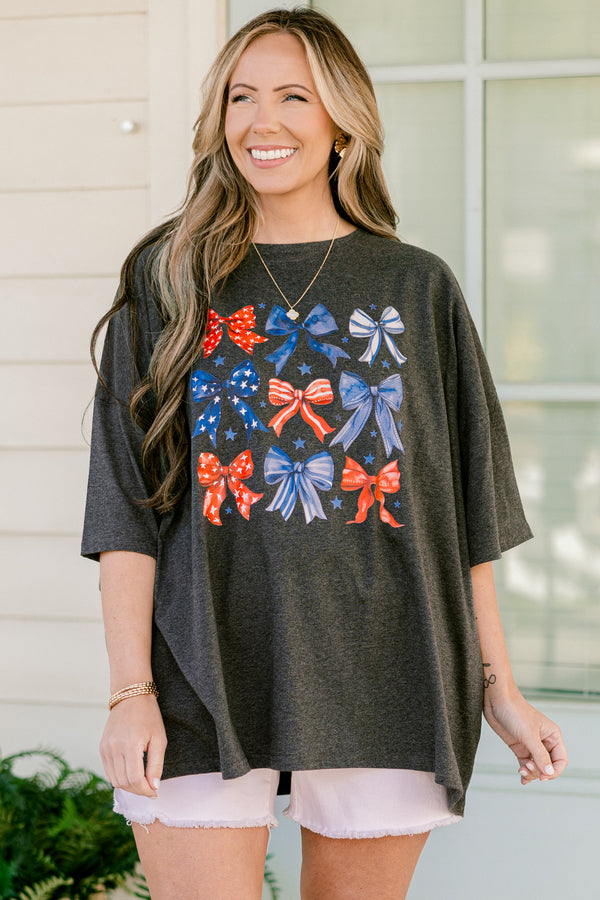Chic Soul plus size clothing, short-sleeve drop-shoulder charcoal grey boyfriend tee with a high-scoop-neckline and a red white and blue bow graphic 