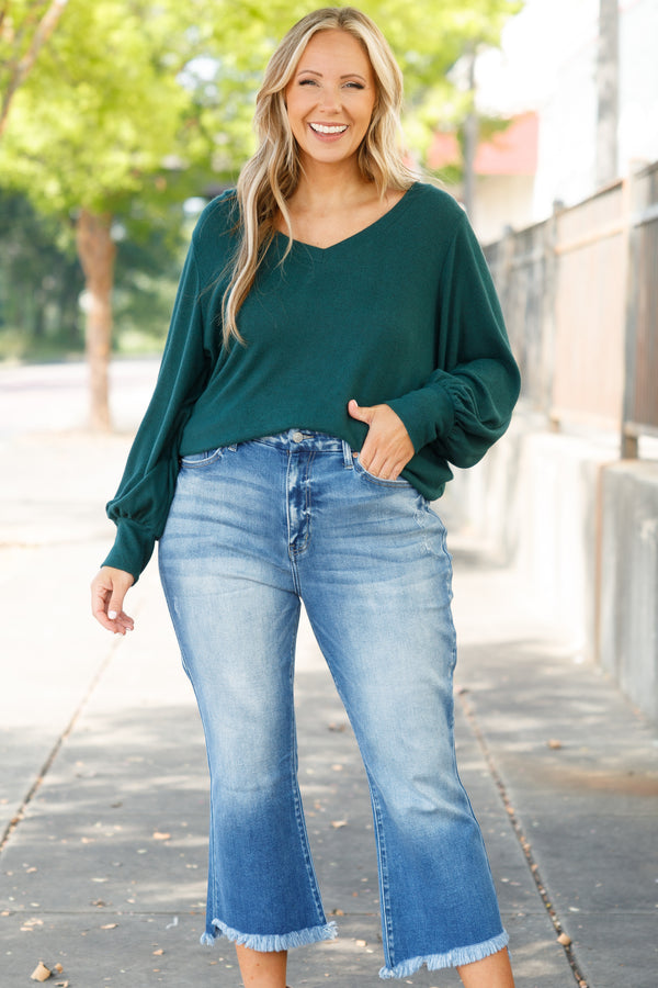 Chic Soul plus size clothing, medium wash denim capris with flare and frayed hemline