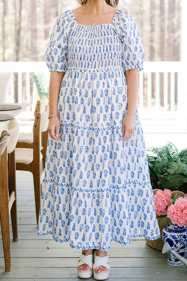 Chic Soul plus size clothing, White short puff sleeve long dress with blue paisley print 