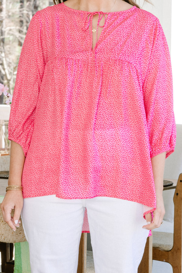 Chic Soul plus size clothing, pink three quarter sleeves top with small white dot print with tie neckline detail