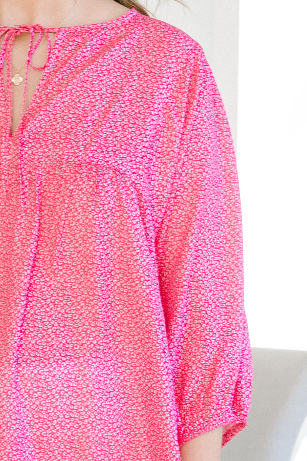 Chic Soul plus size clothing, pink three quarter sleeves top with small white dot print with tie neckline detail