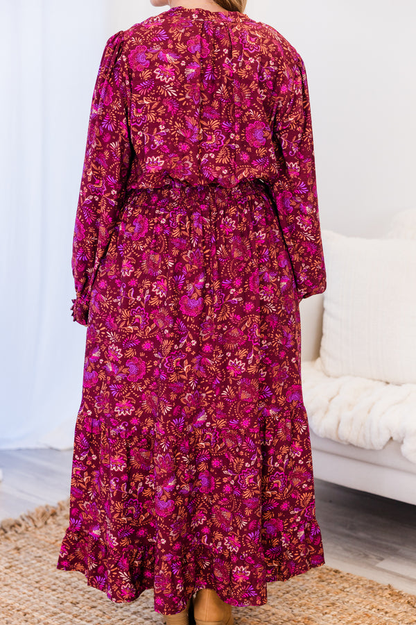 Chic Soul plus size clothing, long-sleeve violet multi-colored maxi dress with smocked waistline and v-neckline with purple floral pattern 