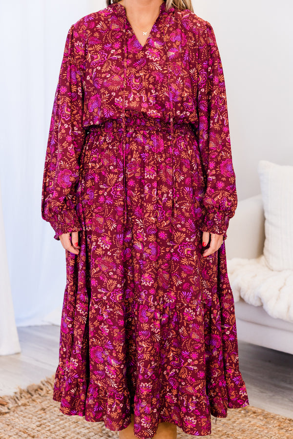 Chic Soul plus size clothing, long-sleeve violet multi-colored maxi dress with smocked waistline and v-neckline with purple floral pattern 